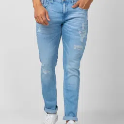 Spykar Light Blue Cotton Slim Fit Distressed Jeans-picture-0