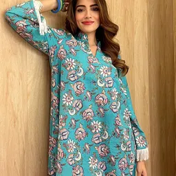 LABEL ADITI HUNDIA Floral Printed Mandarin Collar Pure Cotton Kurti-picture-32