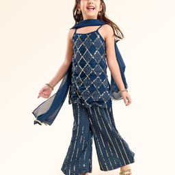 Babyhug Singlet Kurti & Sharara with Dupatta Sequins Detailing - Blue-image-92