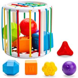 Kidology Baby Cylindrical Shape Sorting Toy | Montessori Sensory Toys with 6 Blocks Colorful Cube | Shape Sorting Bin with Elastic Bands Fine Motor Skill Early Learning Preschool Educational-2