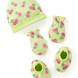 Babyhug 100%  Cotton Cap Mittens And Booties Floral Print -  Green-image-68