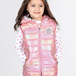 Babyhug Woven Sleeveless Padded Hooded Metallic Jacket with Pockets & Ear Applique - Pink-image-111
