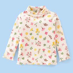 Babyhug Cotton Knit Full Sleeves Turtle Neck Top Floral Print- Off White-image-98