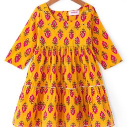 Babyhug Cotton Woven Three Fourth Sleeves Floral Printed Ethnic Dress - Mustard-image-51
