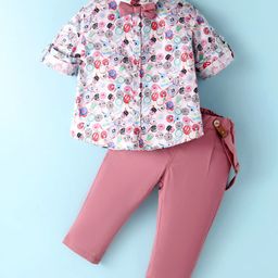 ToffyHouse 100% Cotton Knit Full Sleeves Stamps Printed Shirt Trouser with Bow & Suspender - Pink-image-38