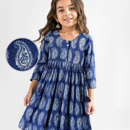 Babyhug Cotton Woven Three Fourth Sleeves Front Open Ethnic Dress with Motif Print - Navy Blue-image-87