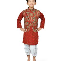 Teentaare Cotton Woven Full Sleeves Kurta & Dhoti Set With Jacket & Floral Print - Dark Red-image-38