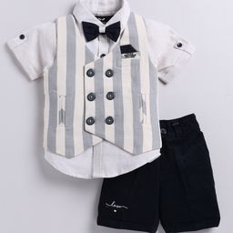 LITTLE COLLARS Cotton Half Sleeves Striped 3 Piece Party Suit Set - Navy Blue-image-12
