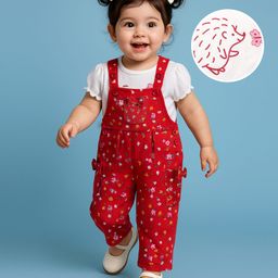 Babyoye 100% Cotton Knit With Eco Jiva Finish Floral Printed Dungaree with Half Sleeves Inner Tee - Red & White-image-70