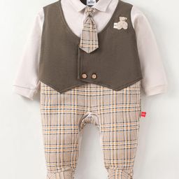 Mini Taurus Cotton Knit Full Sleeves Footed Checks Party Romper - Brown-image-9