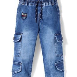 Olio Kids Denim Knit Full Length Solid Color Jeans with Pockets & Patch - Light Blue-image-51