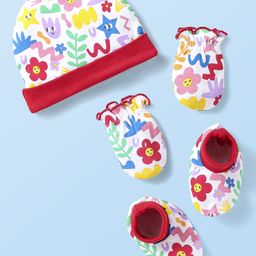Babyhug 100% Cotton Knit Cap Mittens & Booties With Floral Print - White-image-85