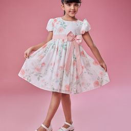 MASTARANG Blended Short Puffed Sleeves Floral Printed & Bow Applique Detailed Dress - Pink-image-5