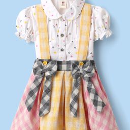 ToffyHouse Knitted Half Sleeves Top and Skirt With Checks & Star Print with Frill Detailing & Bow Applique - White-image-8
