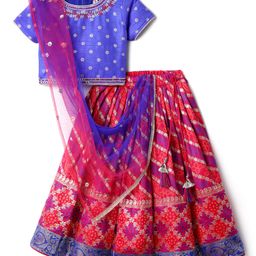Babyhug Woven Half Sleeves Choli Lehenga & Dupatta Set Foil Print - Fuschia & Royal Blue-image-44
