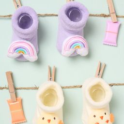 Kicks & Crawl Cotton Pack Of 2 Rainbow & Chick Applique Detailed Anti Skid 3D Socks - Purple & Cream-image-90