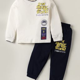 Mini Donuts Single Jersey Knit Full Sleeves T-Shirt & Lounge Pant Set with Text Print - White & Navy Blue-picture-10