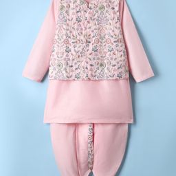Babyhug Woven Full Sleeves Kurta Dhoti Set with Floral Embroidered Waistcoat - Pink-image-2