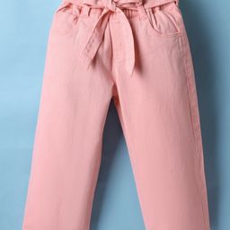 Olio Kids Cotton Woven Full Length Solid Coloured Trouser With Belt - Pink-picture-13