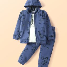 Rikidoos Full Sleeves Abstract Printed Hooded Jacket With Tee & Pant - Blue & White-picture-30