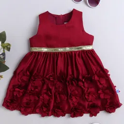 Many frocks & Satin Woven Sleeveless Floral Applique Detailed Dress - Maroon-picture-3