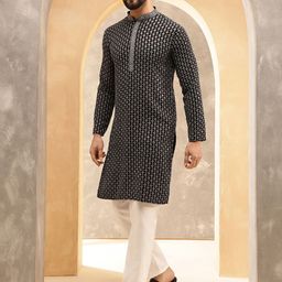 Anouk Grey Floral Embroidered Mandarin Collar Sequinned Pure Cotton Kurta With Pyjama-image-6