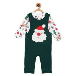 MINIKLUB Kids Green & White Cotton Printed Full Sleeves Dungaree Set-image-13
