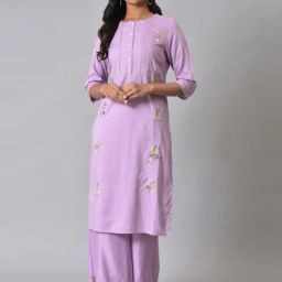W Purple Embroidered Straight Kurta-image-18