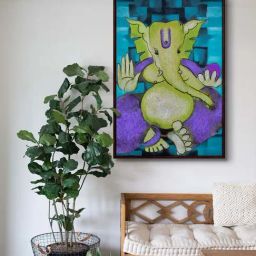 999Store Blue Canvas Sitting Lord Ganesha Wall Painting-11