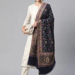 WEAVERS VILLA Women Navy Blue & Beige Floral Woven Design Woollen Shawl-25
