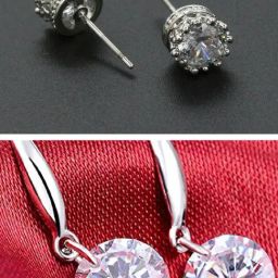 OOMPH Delicate Crown Design Silver Tone Cubic Zirconia Stud & Drop Earrings for Women - Set of 2-image-2