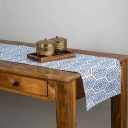 Myntra Elegant Homes White & Blue Geometric Printed Pure Cotton Table Runner-41