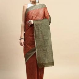 SHANVIKA Rust & Green Cotton Printed Saree Without Blouse-picture-17