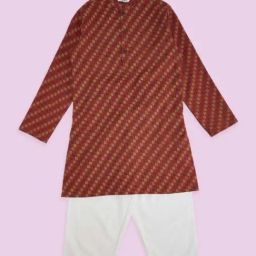 Indus Route by Pantaloons Kids Brown & White Cotton Printed Full Sleeves Kurta Set-image-36