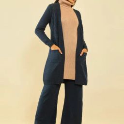 Soch Navy Blue Acrylic Pointelle Knit Open-Front Longline Shrug with Pockets-3