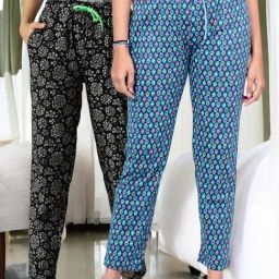 Kryptic Blue & Black Cotton Relaxed Fit Printed Lounge Pants - Pack of 2-image-35