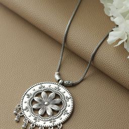 Sangria Silver-Plated Circular Shaped Metal Minimal Oxidised Pendant With Chain-50