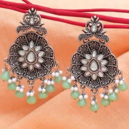 Karatcart Oxidized Light Green Monalisa Stone-Studded Floral Drop Earrings for Women-23