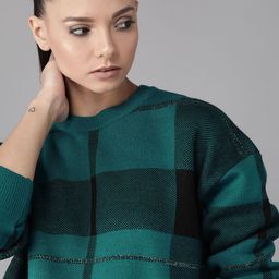 Roadster Women Green & Black Self Checked Sweater-image-38
