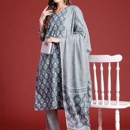 Anouk Ethnic Motifs Printed Regular Kurta with Trousers & With Dupatta image 3