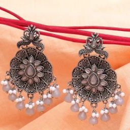 Karatcart Oxidized Grey Monalisa Stone-Studded Floral Drop Earrings for Women-25