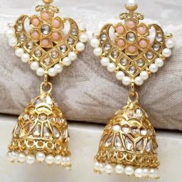 Karatcart Gold Plated Floral Design Peach Kundan Studded Jhumki Earrings for Women-20