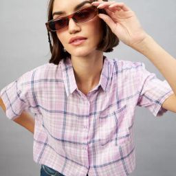 CHIMPAAANZEE Purple & Blue Viscose Checks Cropped Shirt-image-57