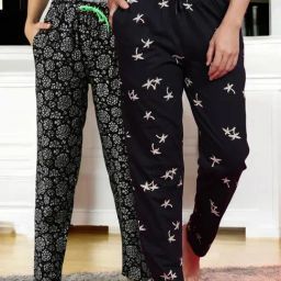 Kryptic Navy Blue & Black Cotton Relaxed Fit Printed Lounge Pants - Pack of 2-image-105