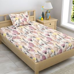 Enchant Home Cream-Coloured & Purple Floral 210 TC Single Bedsheet with 1 Pillow Covers-image-21