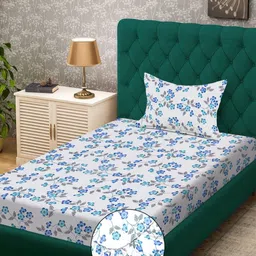 KLOTTHE White & Blue Printed 300 TC Single Bedsheet With 1 Pillow Cover - 2.25 x 1.50 m-image-82