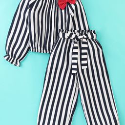 CrayonFlakes Full Sleeves  Striped Printed & Bow Embellished Co Ord Set - Offwhite-image-77