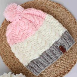 Woonie Handmade Pom Pom Detailed Cable Knit Colour Block  Woollen Cap - Pink-image-53