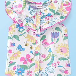 Babyhug Front Open Rayon Woven Sleeveless Top with Floral Print & Frill Detailing- White-image-89
