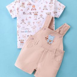 ToffyHouse Cotton Bear Detailing Dungaree with Half Sleeves Printed T-Shirt - Beige-image-74